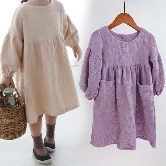 Spring Organic Cotton Double Gauze Loose Pockets Baby Girls Dress