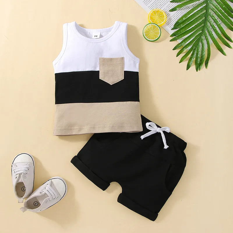 Patchwork Sleeveless Top with Pocket + Shorts (2pcs!)