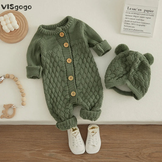 Ultra Soft Baby Knitted Romper + Bear Hat Set (2PCS)