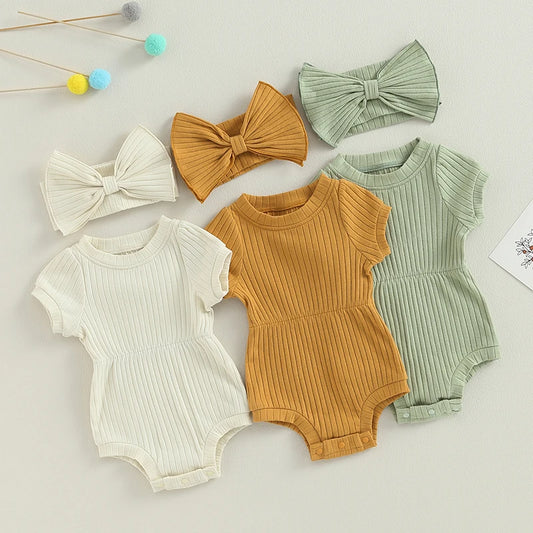 Baby Ribbed Knit Short Sleeve Romper Bodysuit with Headband