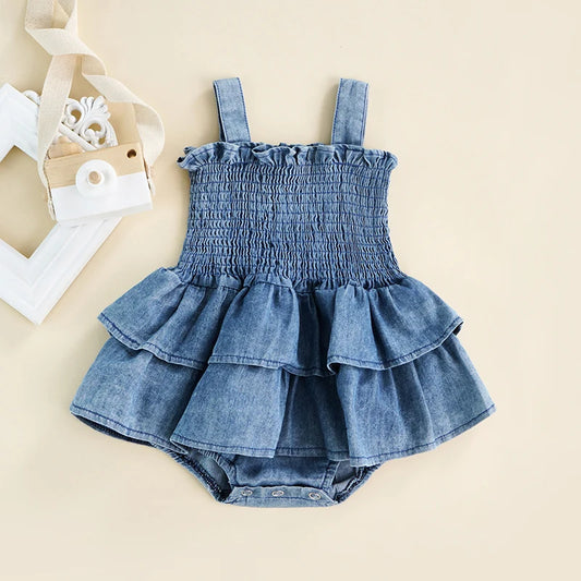 Baby Summer Denim Sleeveless Romper with Ruffle Hem&Bottom Snap by Faithtur