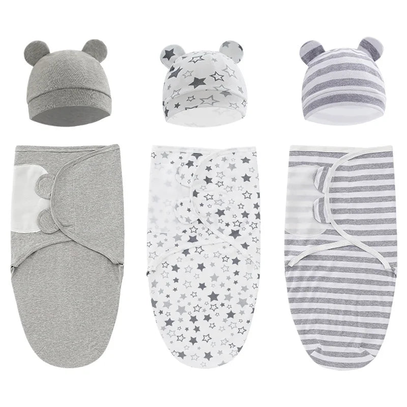 1/2PCS Cotton Newborn Swaddle Blanket Wrap Hat Set 0-6M