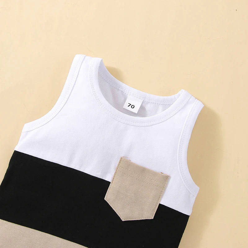 Patchwork Sleeveless Top with Pocket + Shorts (2pcs!)