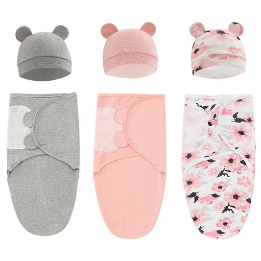 1/2PCS Cotton Newborn Swaddle Blanket Wrap Hat Set 0-6M